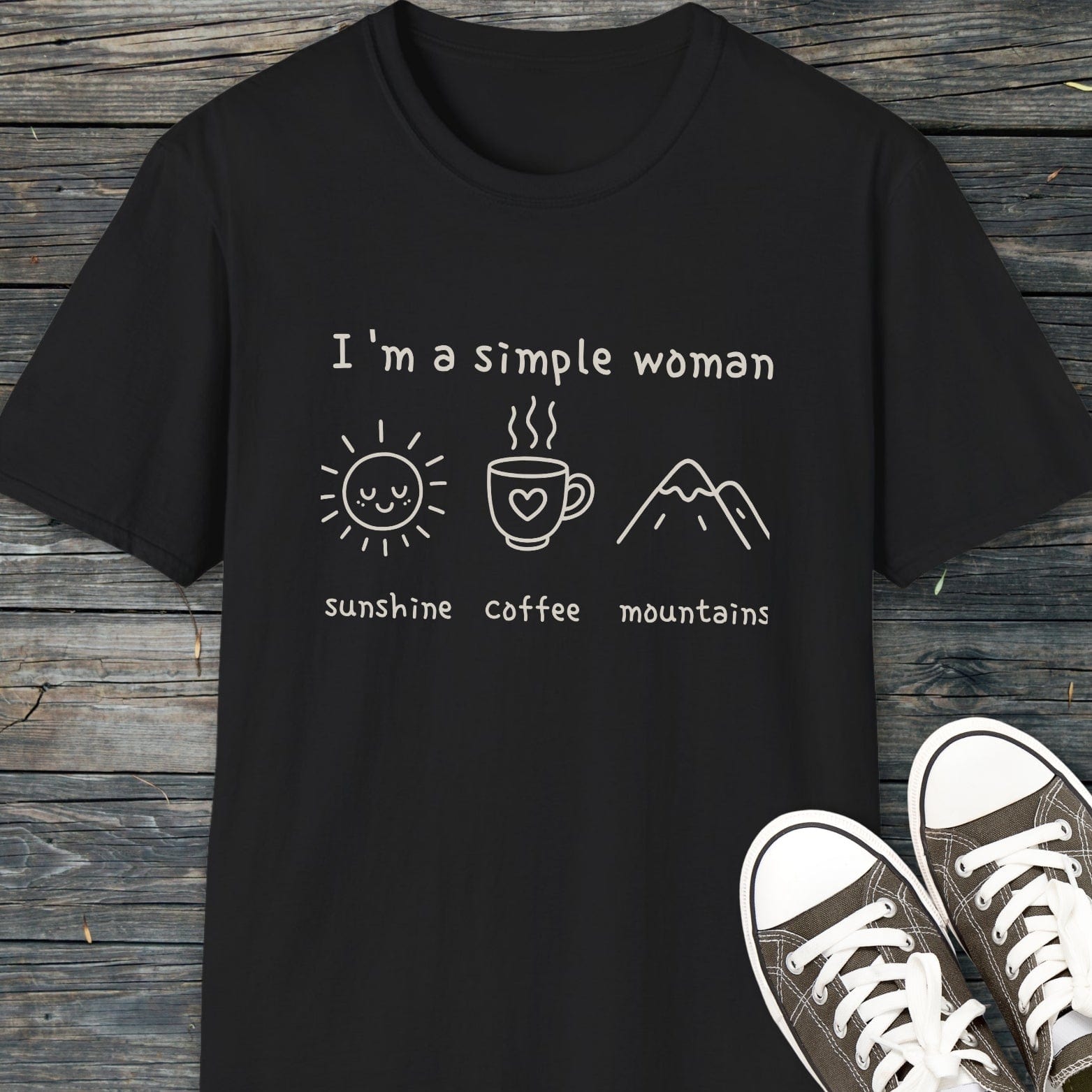 I'm A Simple Woman - Sunshine Coffee Mountains T-Shirt, featuring hand-lettered text and icons of a sun, coffee mug, and mountains on soft cotton.