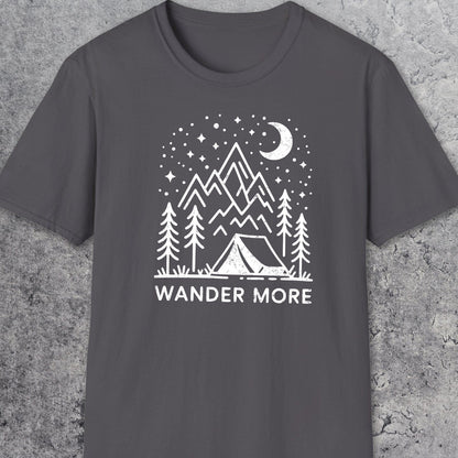 Wander More T-Shirt featuring a white outdoor scene with pine trees, tent, mountains, and starry sky on dark-gray, crafted for comfort and adventure.