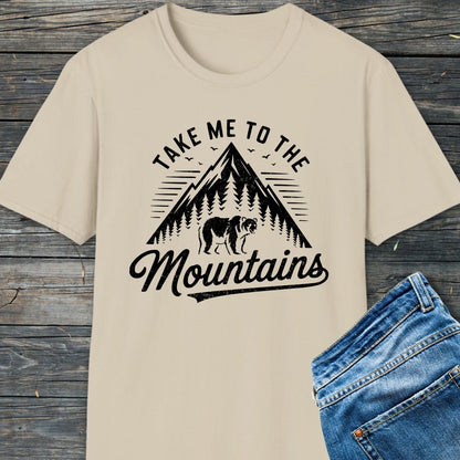 Take Me To The Mountains T-Shirt features a mountain, bear, and pine-tree graphic, offering soft, lightweight cotton for adventures and everyday comfort.