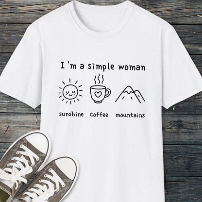I'm A Simple Woman - Sunshine Coffee Mountains T-Shirt, featuring a minimalist design with icons for sunshine, coffee, and mountains on soft cotton.