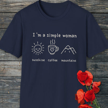 I'm A Simple Woman - Sunshine Coffee Mountains T-Shirt featuring minimalist line-drawings on soft cotton, embodying everyday comfort and simple joys.