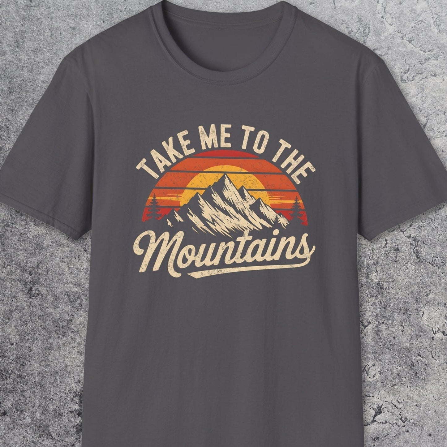 Take Me To The Mountains T-Shirt featuring a vintage mountain and sunset graphic, designed for comfort with soft, lightweight cotton and durable prints.