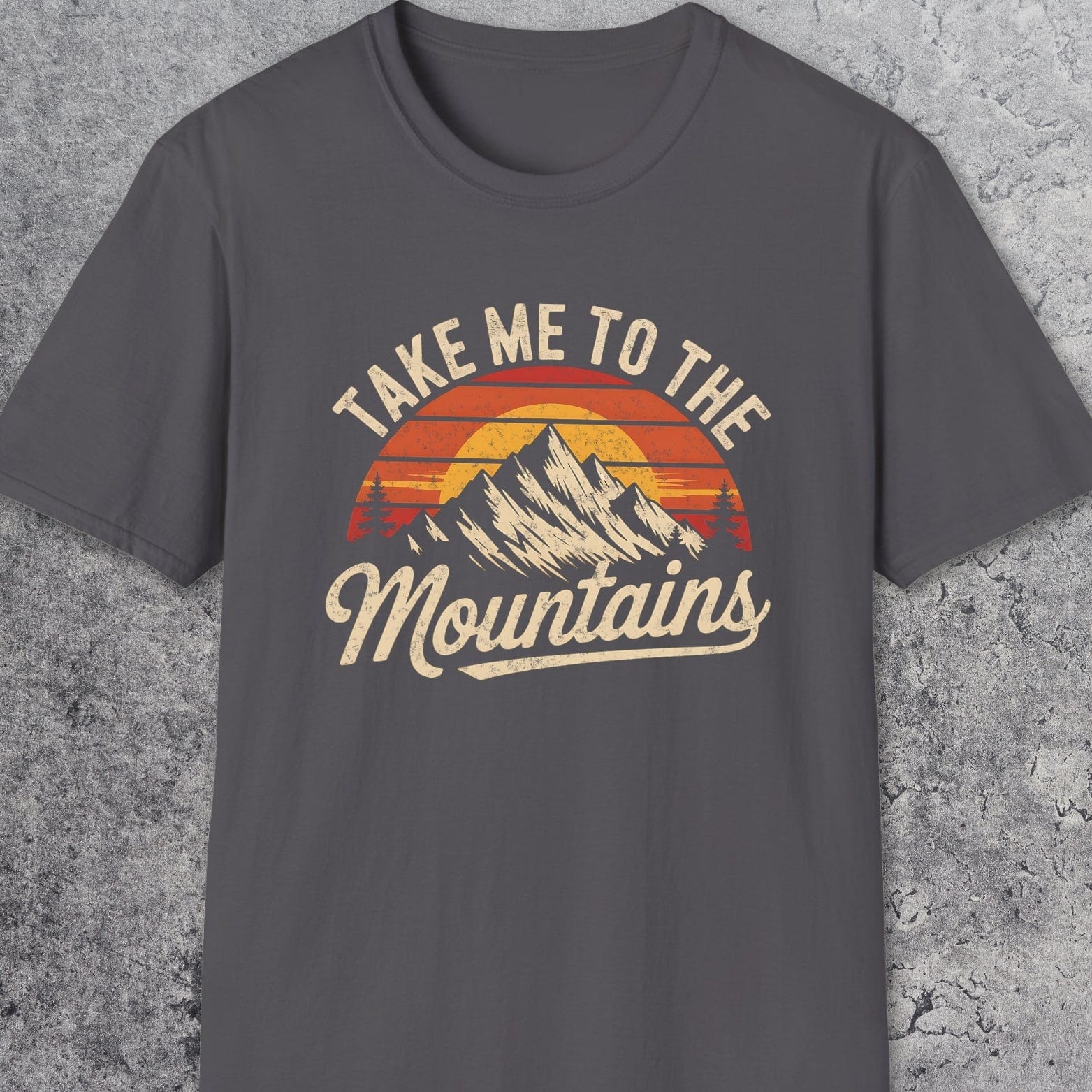 Take Me To The Mountains T-Shirt featuring a vintage mountain and sunset graphic, designed for comfort with soft, lightweight cotton and durable prints.