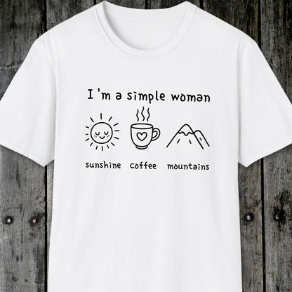 I'm A Simple Woman - Sunshine Coffee Mountains T-Shirt, featuring icons of a sun, coffee mug, and mountains with the phrase “I’m a simple woman.”