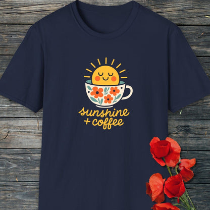 Sunshine And Coffee T-Shirt featuring a playful sun and coffee cup graphic, hand-lettered phrase, on soft cotton, ideal for adventures or casual outings.