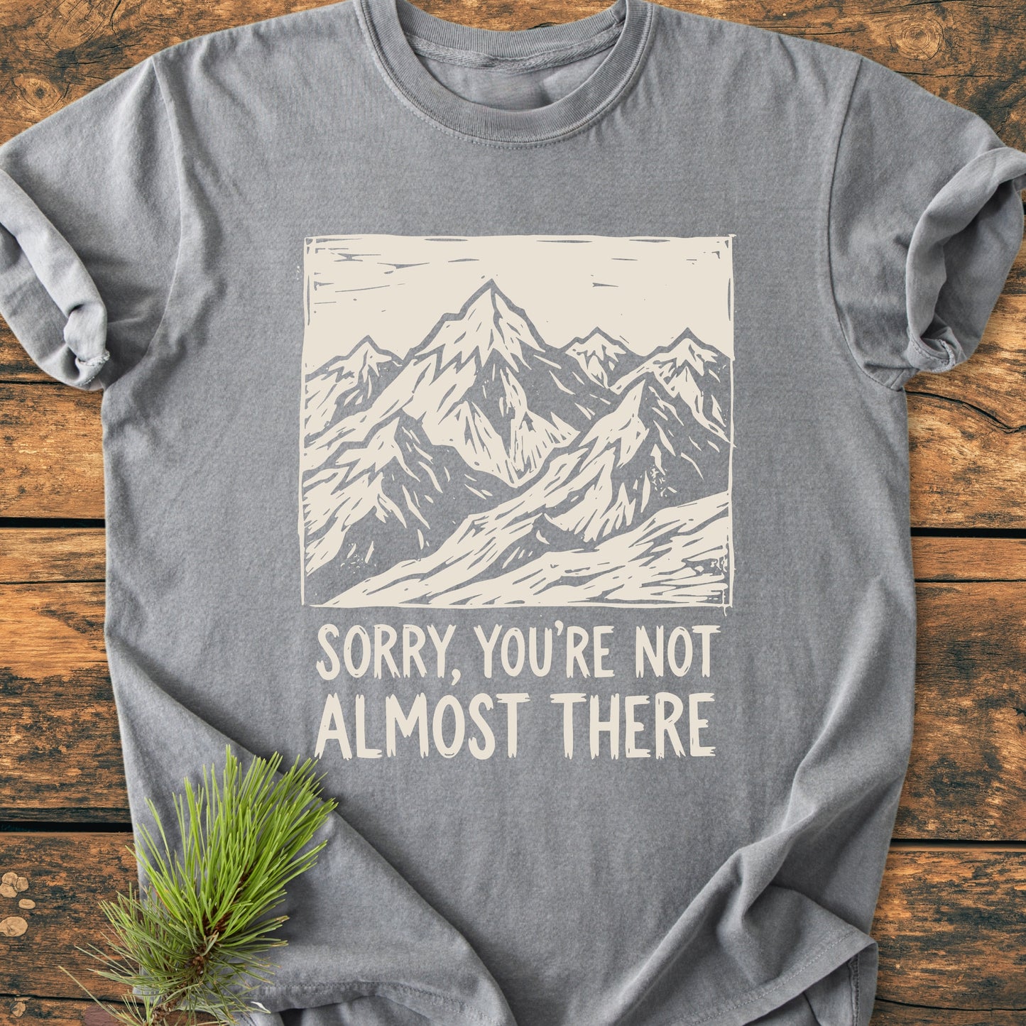 Not Almost There - Vintage Wash Tee in heather-gray features a mountain peak graphic with the slogan Sorry, you’re not almost there. Laid on wood with a pine sprig beside it.