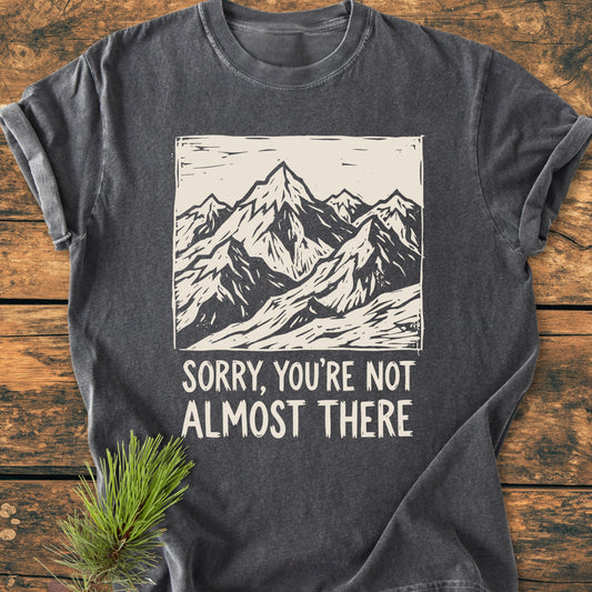 Not Almost There - Vintage Wash Tee featuring a mountain range line drawing and the phrase “Sorry, you’re not almost there,” displayed on a wooden surface with a pine sprig beside it.