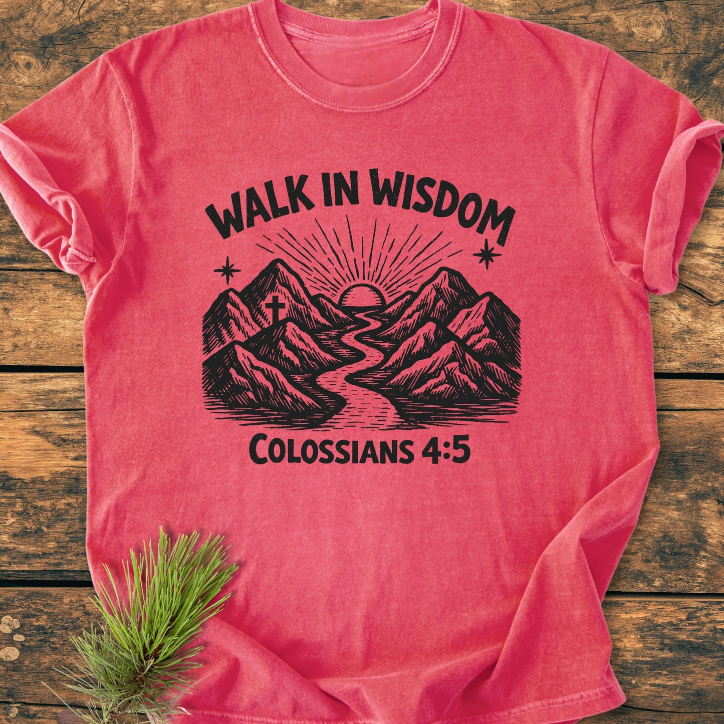 Walk In Wisdom, Colossians 4:5 - Vintage Wash Tee features a stylized mountain and sun design, with WALK IN WISDOM text, laid on wood, accented by pine sprigs for a rustic look.