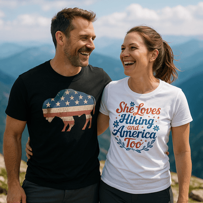 Man and woman outdoors wearing Land Of The Free Bison T-Shirt, featuring durable prints and comfortable, lightweight cotton, ideal for adventure and everyday wear.