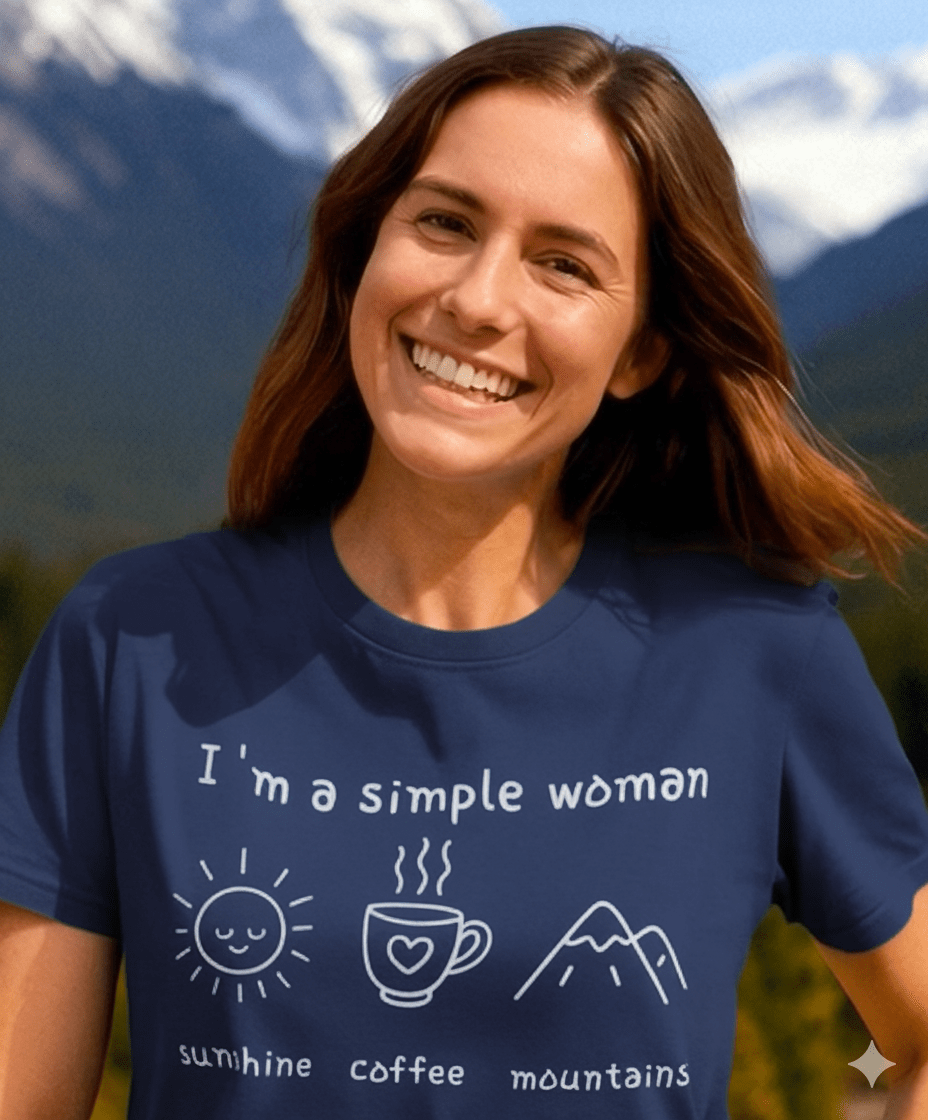 Woman outdoors wearing I'm A Simple Woman - Sunshine Coffee Mountains T-Shirt with icons and captions representing simple joys. Soft cotton, unisex fit, perfect for nature lovers.