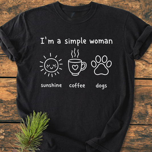 I'm A Simple Woman. Sunshine Coffee Dogs - Vintage Wash Tee: Black long-sleeve with phrase and icons of a sun, coffee mug, and dog paw. Perfect for dog and coffee lovers.