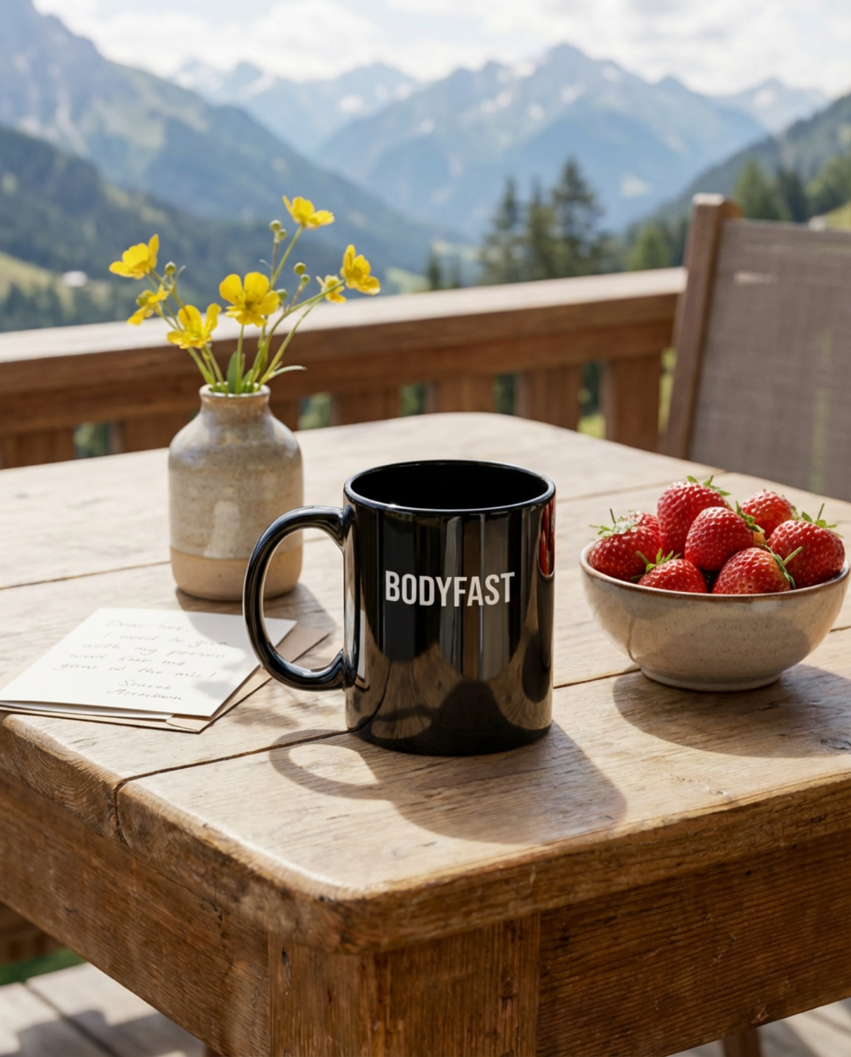 BODYFAST Ceramic Mug on a rustic table, surrounded by envelopes, wildflowers in a vase, and strawberries, set against a scenic mountain backdrop.
