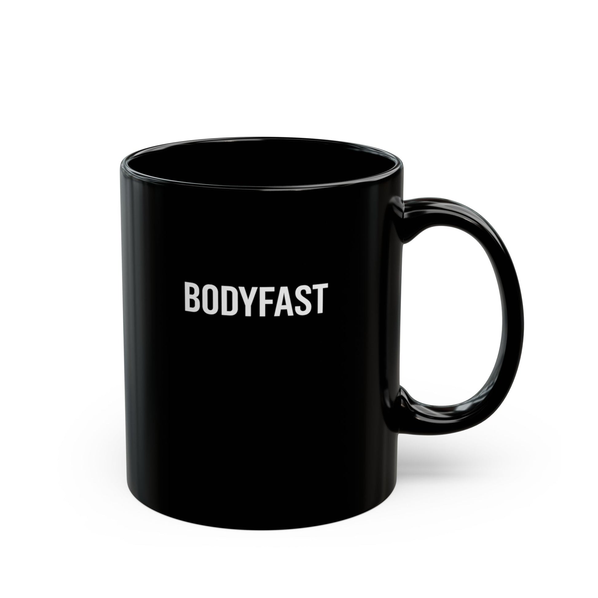 Plain black BODYFAST Ceramic Mug with a simple handle, featuring BODYFAST in white all-caps on the front. Suitable for hot drinks, BPA and lead-free, microwave and dishwasher-safe.