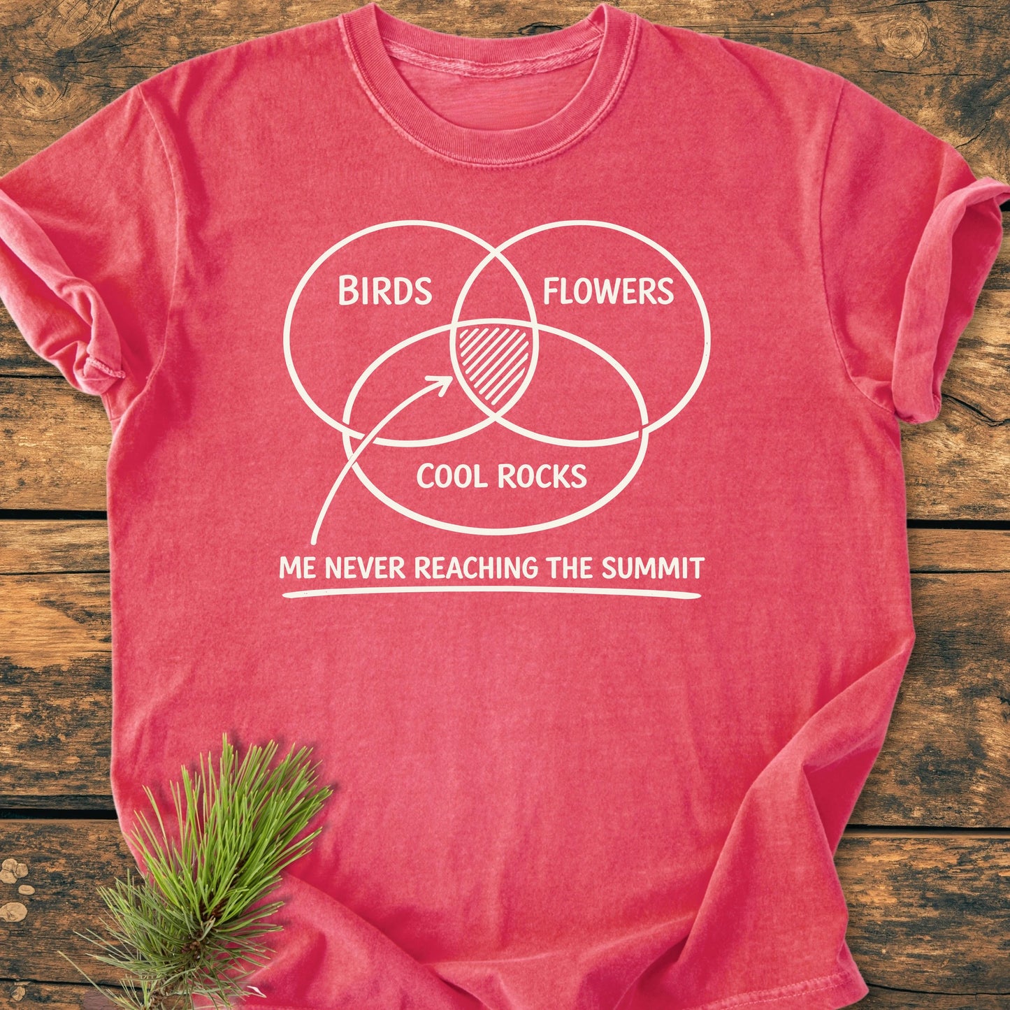Pink T-shirt titled 1416 Easily Distracted Hiker featuring a humorous Venn diagram with BIRDS, FLOWERS, and COOL ROCKS, highlighting hikers' distractions, with ME NEVER REACHING THE SUMMIT text below.