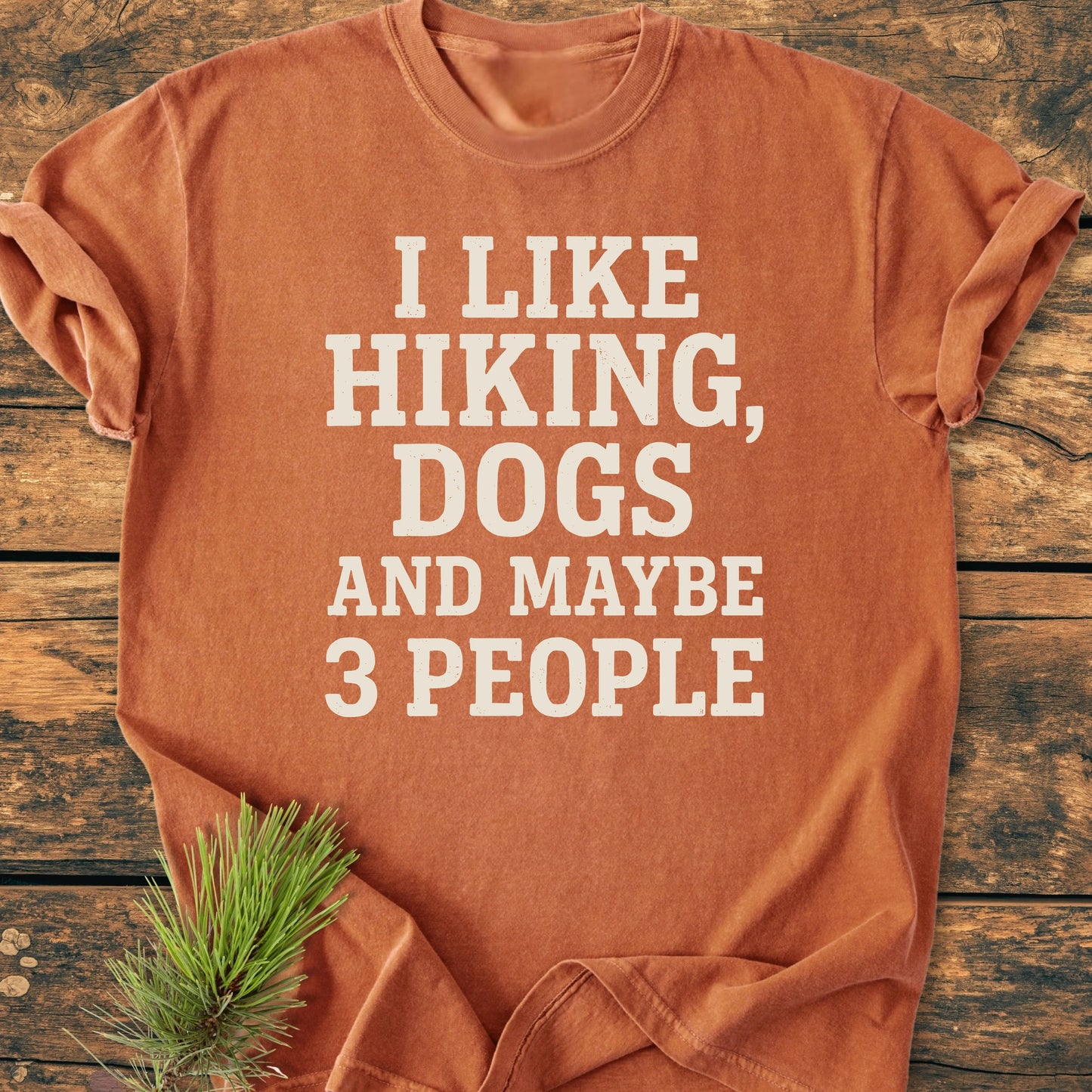 Rust-orange T-shirt with “I LIKE HIKING, DOGS AND MAYBE 3 PEOPLE” slogan, laid on wood, pine sprig accentuates rustic vibe. The 1431 I Like Hiking And Dogs tee embodies comfort and style.
