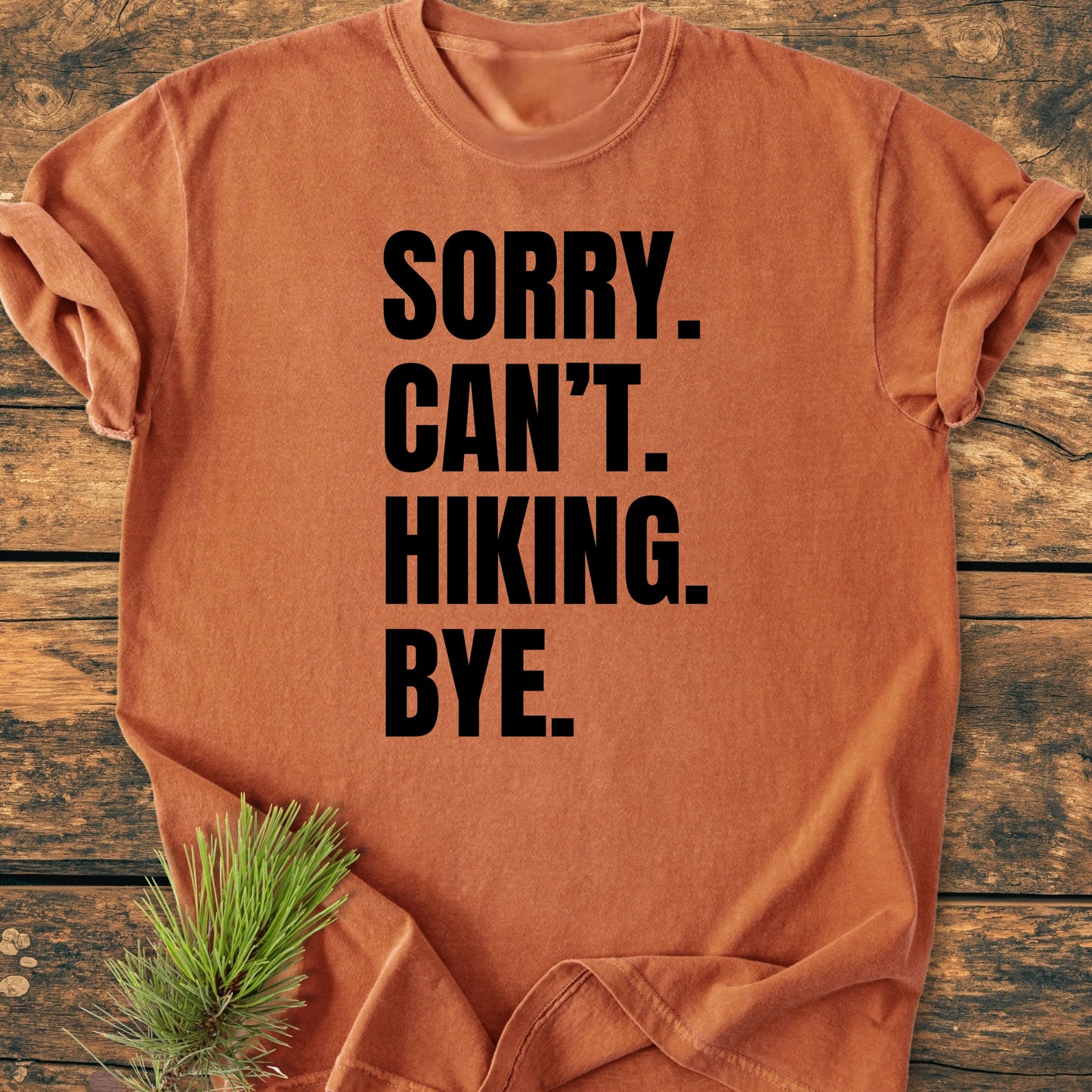 Rust-colored T-shirt with bold black text: SORRY. CAN’T. HIKING. BYE. Sleeves are rolled, and a pine branch decorates the corner, capturing a relaxed, outdoor-inspired style.
