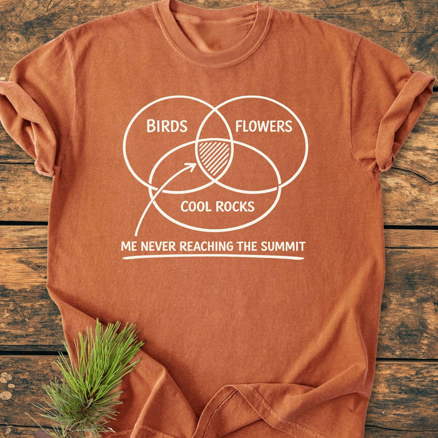 1416 Easily Distracted Hiker T-shirt featuring a hand-drawn Venn diagram with BIRDS, FLOWERS, COOL ROCKS, and the caption ME NEVER REACHING THE SUMMIT on a relaxed, vintage-wash tee.