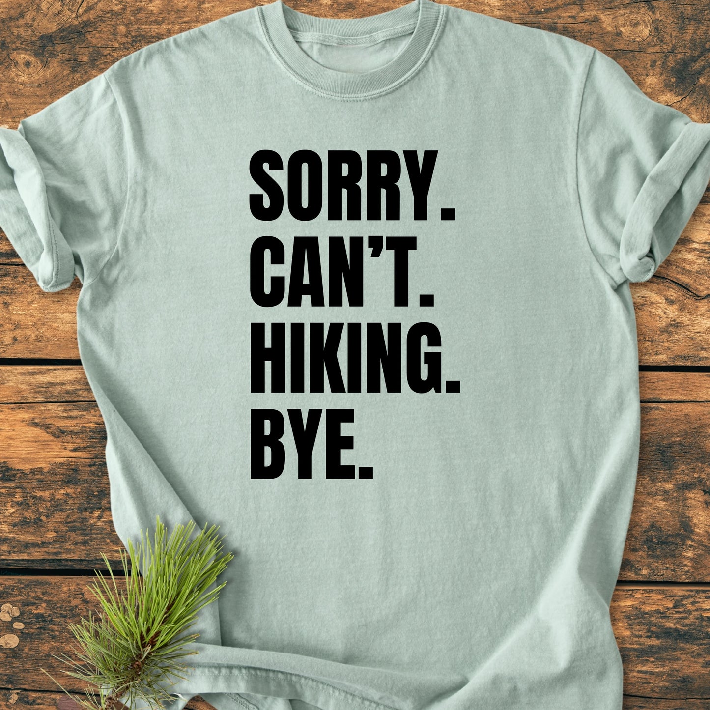 Light-blue crewneck T-shirt with bold black text: SORRY. CAN’T. HIKING. BYE. Laid flat with a pine branch accent, embodying the vintage style of the 1413 Sorry. Can't. Hiking tee.