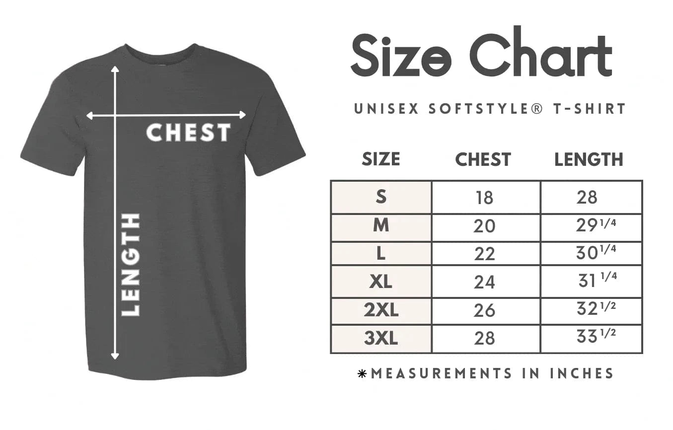 Take Me To The Mountains T-Shirt size chart showing measurements for chest and length, with unisex fit details for adventurous, soft cotton comfort.