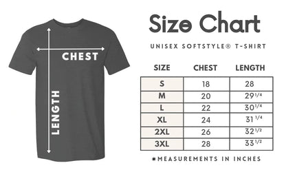 Size chart for the Take Me To The Mountains T-Shirt, showing chest and length measurements for sizes S to 3XL, highlighting comfort and durability.